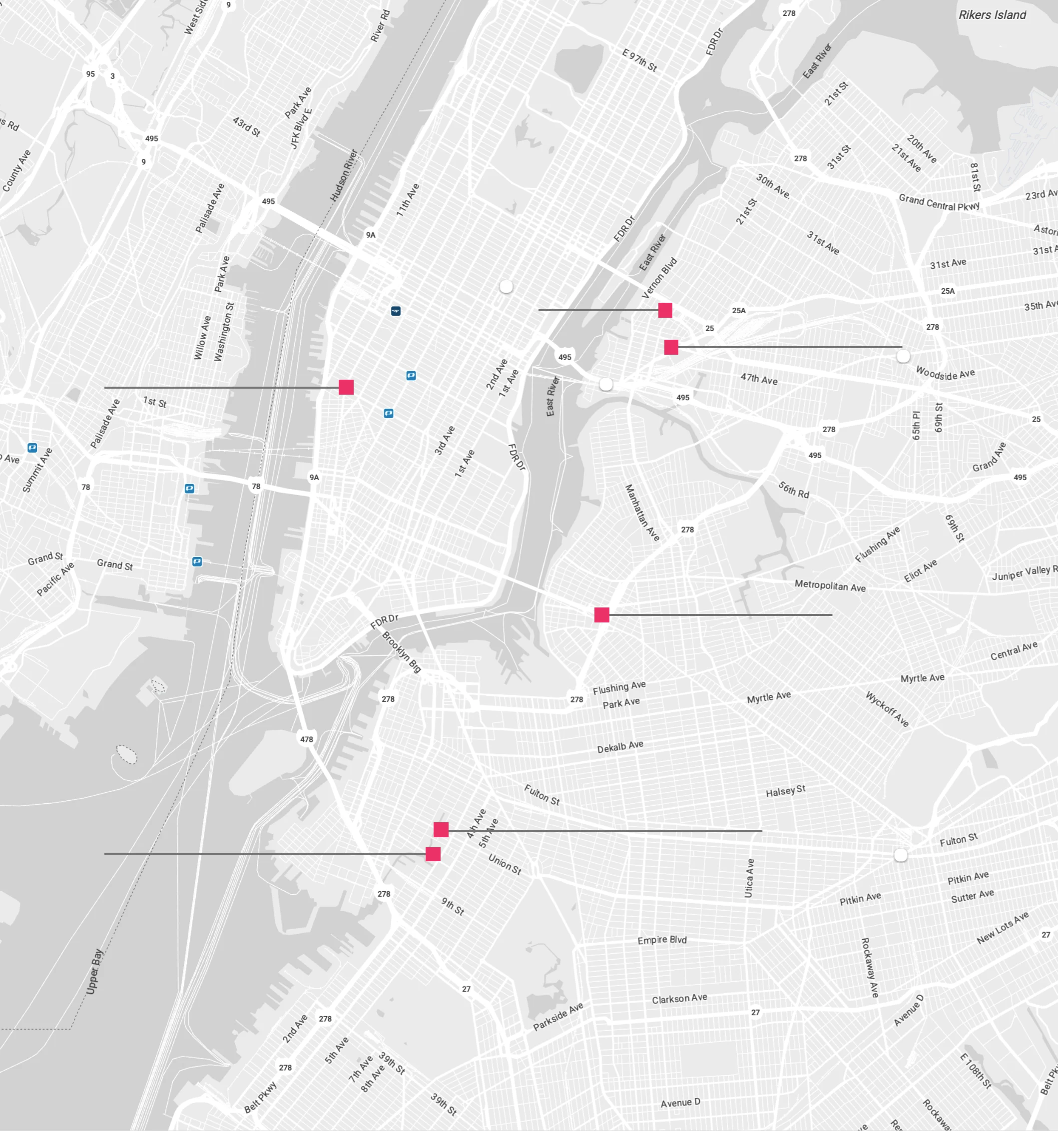 Map of Incoco Capital assets across Manhattan, Long Island City, and Brooklyn